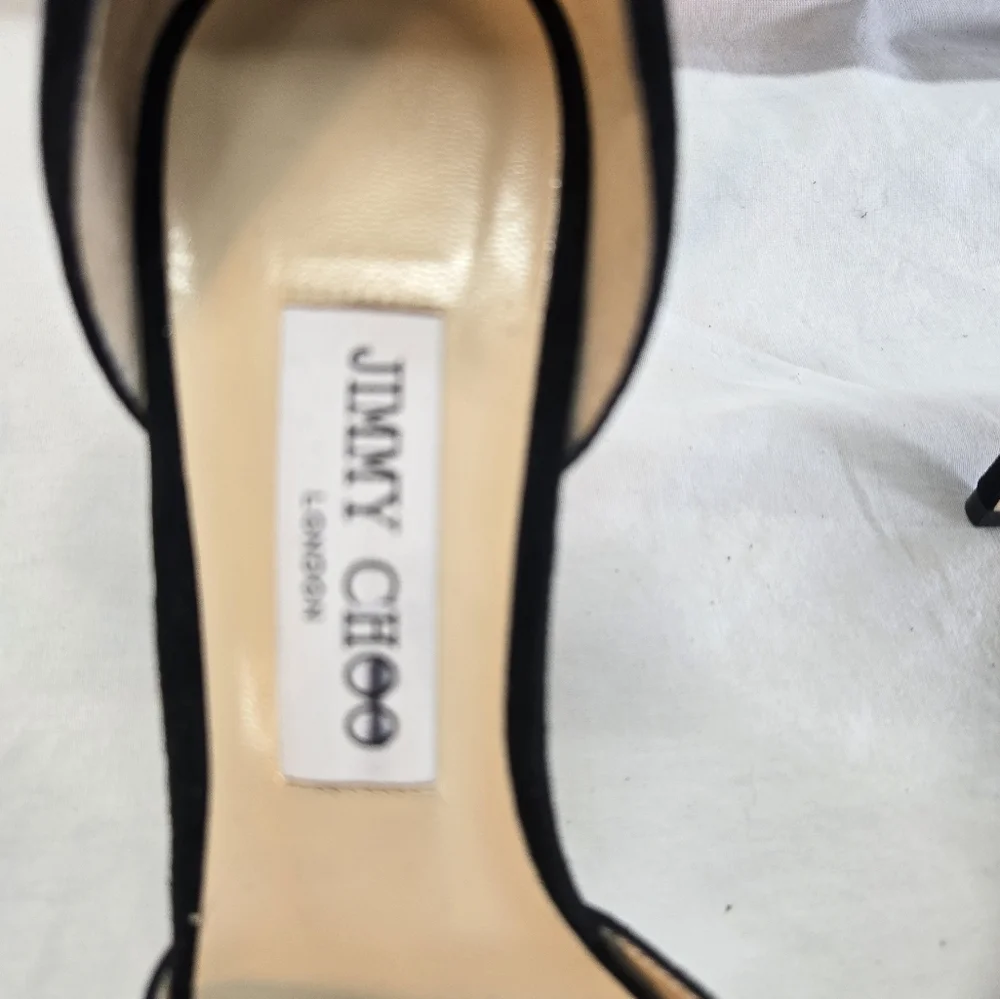 Jimmy Choo Women's 39.5 Black Suede Crystal Embellished Sandal Heels Pump New - Picture 3 of 11